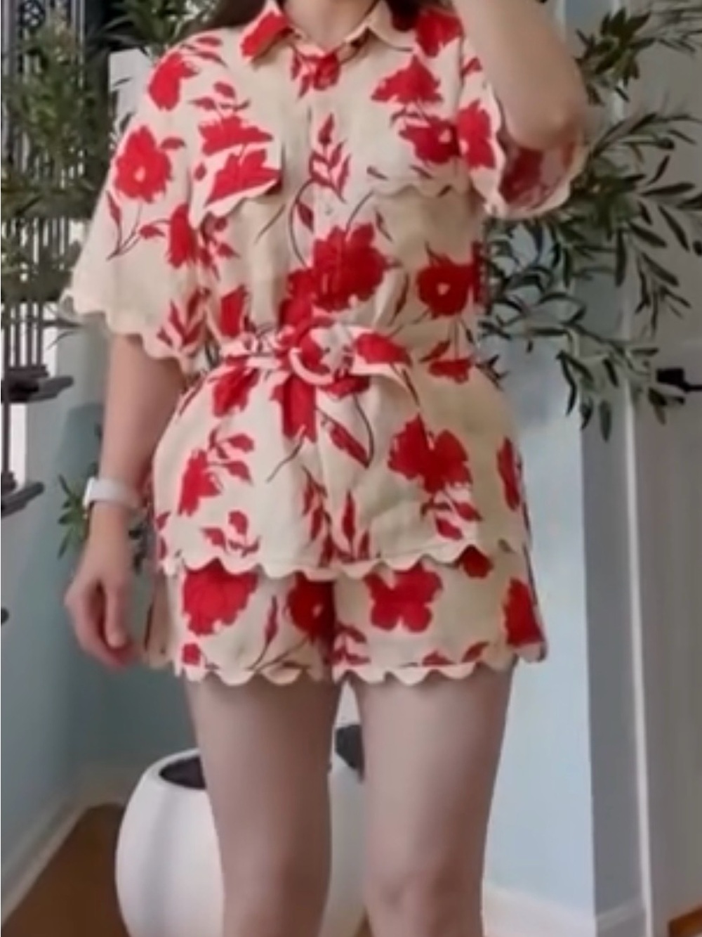 Scalloped Floral Short Jumpsuit in Cream and Red